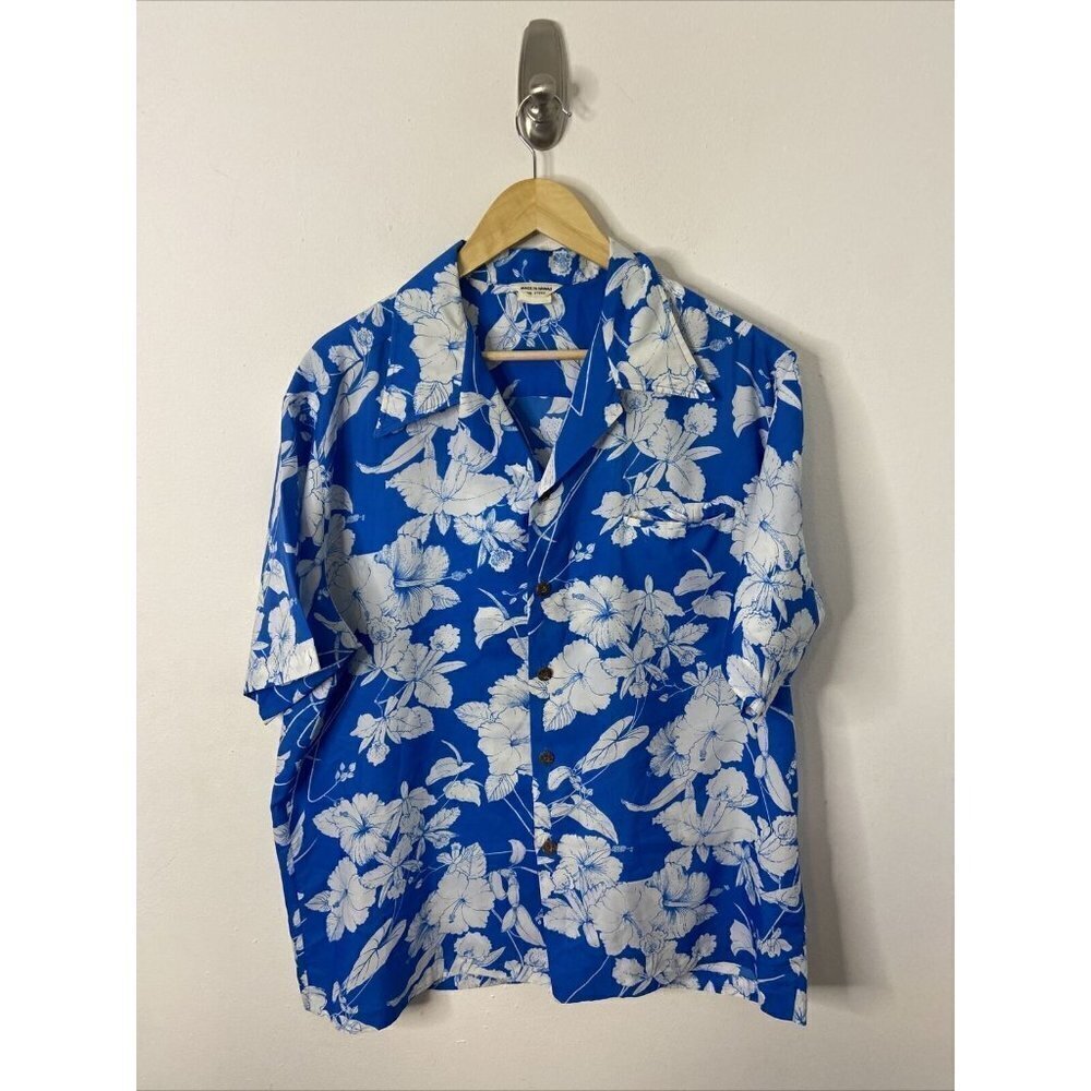 Vintage 70s‎ Hawaiian Men L Blue Hibiscus Button Shirt Polyester Hawaii Disco